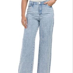 Women's Light Blue Wide-Leg Pearl studded Jeans